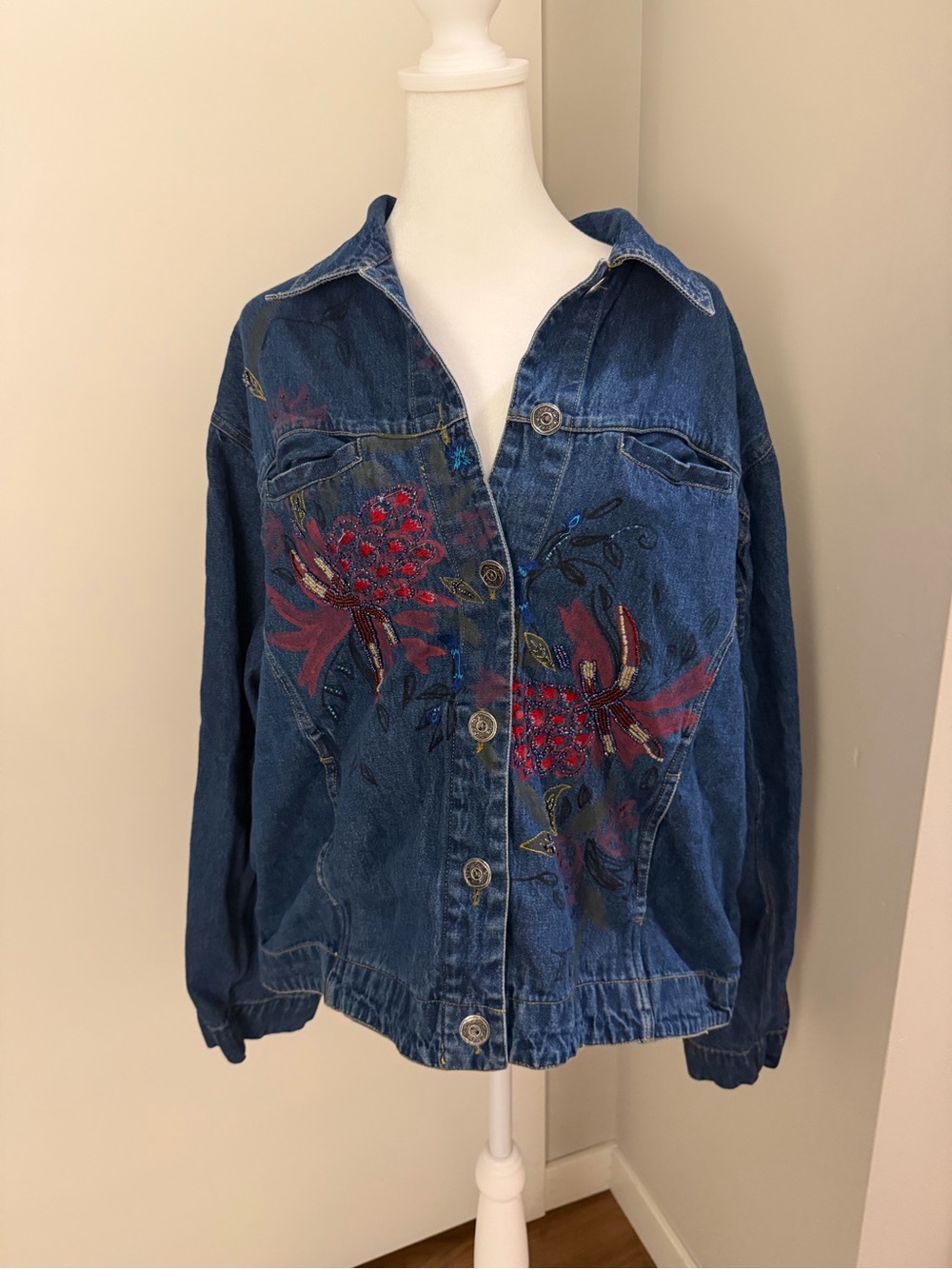 Vintage Beaded Embellished Floral Blue Denim Jacket